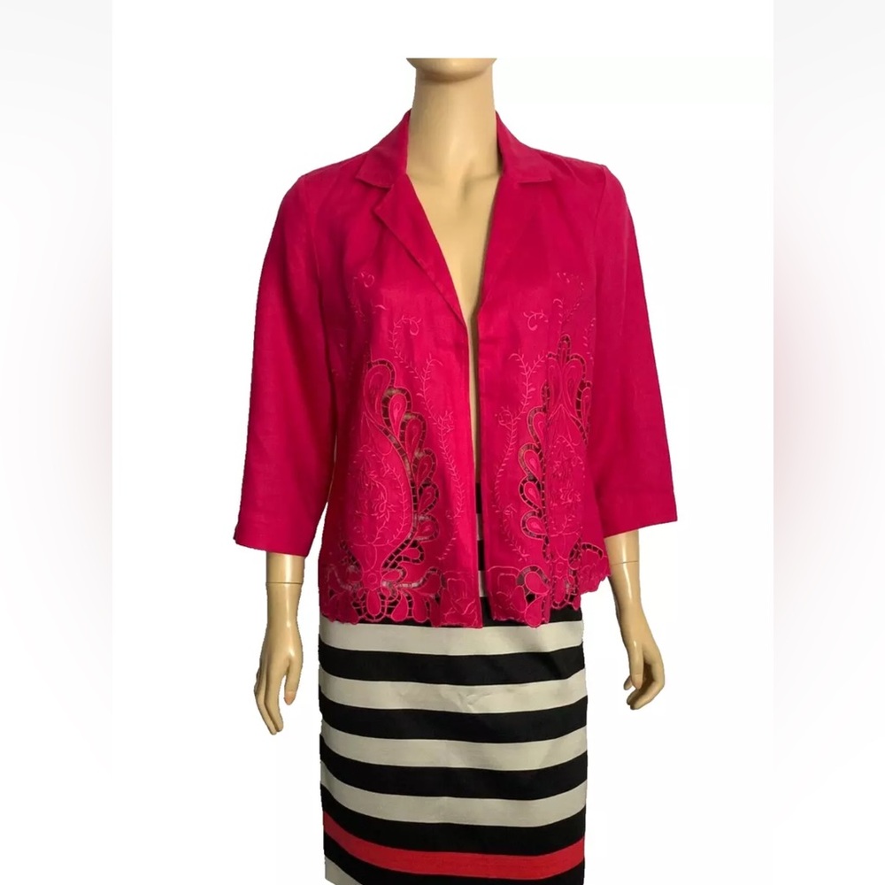 NWT Chico's 1 Novelty Cutwork Linen Jacket Embroidered Raspberry